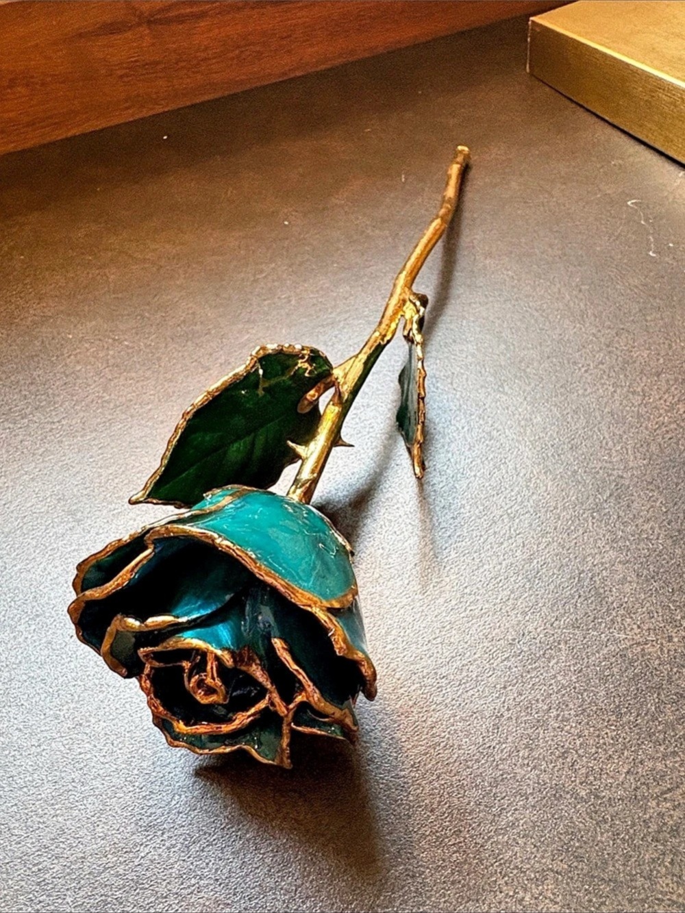 Forever Rose ~ Vintage Handcrafted Real GOLD dipped Real Rose Green & Aqua Blue